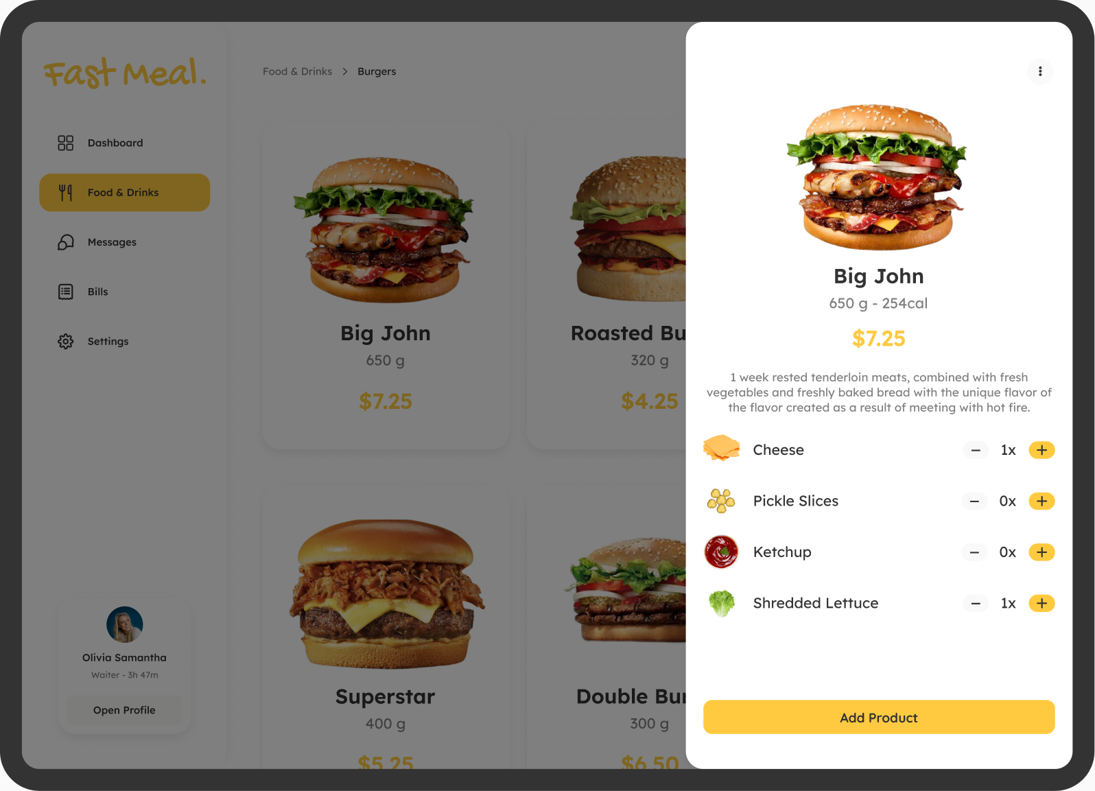 Fast Meal ürün yönetimi ve ürün detay paneli